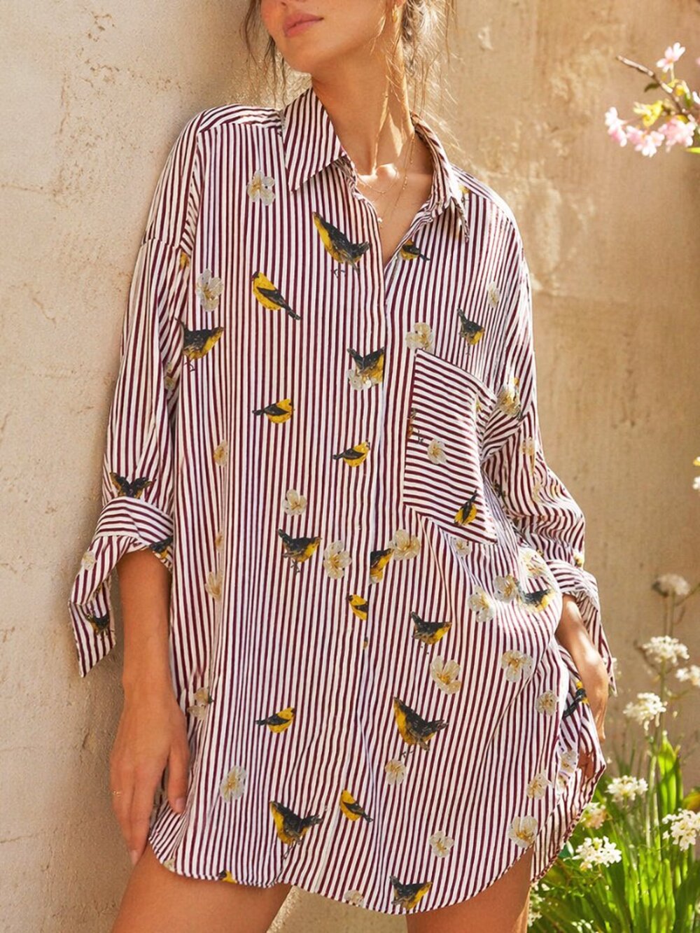 Zara Women XS Shirt Dress Tunic Yellow Bird Floral Striped Oversized Coastal